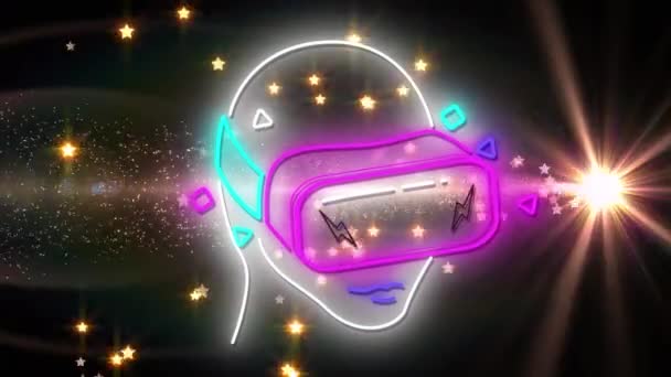 Animation Des Neonfarbenen Kopfes Der Ein Headset Auf Schwarzem Hintergrund — Stockvideo