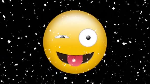 Animation Smile Emoji Icon Falling Confetti Black Background Global Social — Stock Video