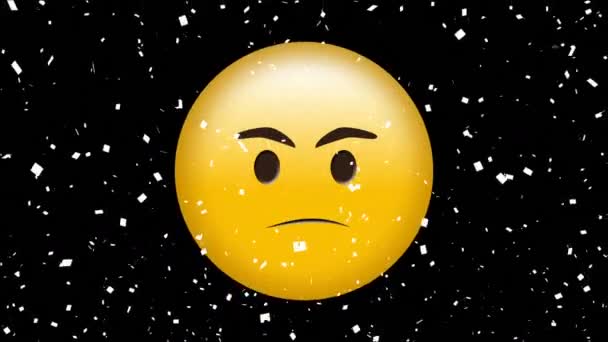 Animatie Van Boze Emoji Icoon Vallende Confetti Zwarte Achtergrond Mondiaal — Stockvideo