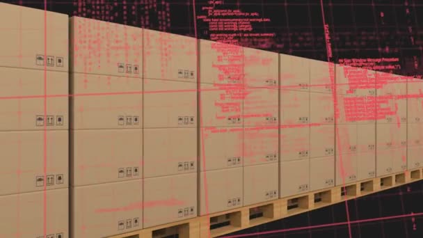 Animación Del Procesamiento Datos Sobre Cajas Cartón Cinta Transportadora Almacén — Vídeo de stock