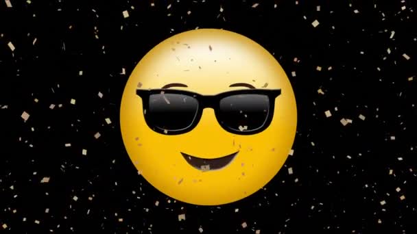 Animação Óculos Sol Ícone Emoji Sobre Queda Confete Fundo Preto — Vídeo de Stock