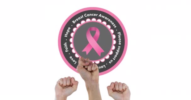 Animación Del Logotipo Cinta Rosa Con Texto Cáncer Mama Sobre — Vídeos de Stock