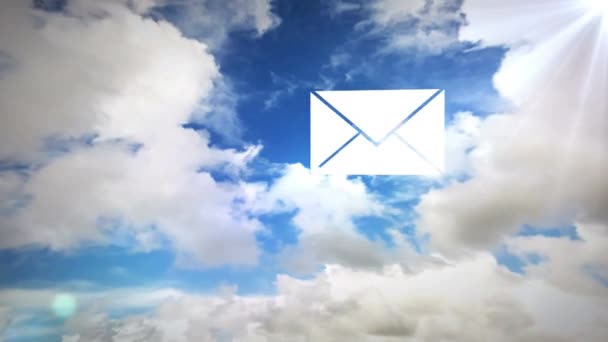 Message Icon Floating Shining Sun Clouds Blue Sky Social Media — Stock Video