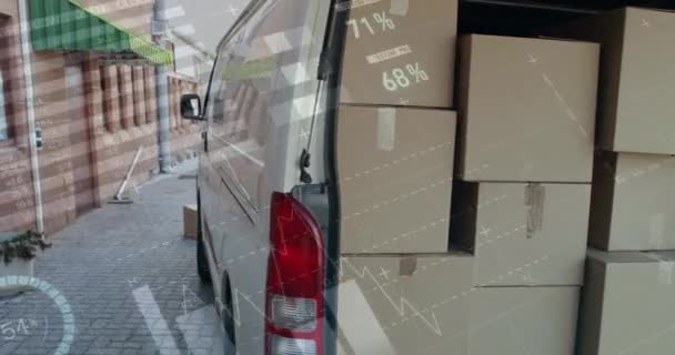 Animação Processamento Dados Financeiros Sobre Entregador Carregando Carro Fora Armazém — Vídeo de Stock