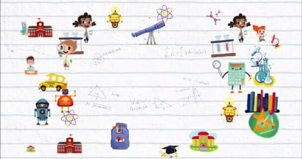 Animation Numérique Icônes Concepts Scolaires Multiples Équations Mathématiques Sur Papier — Video