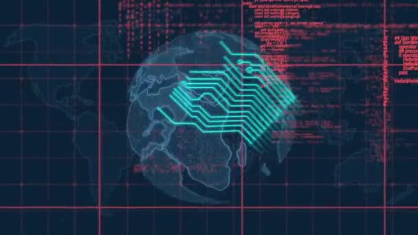 Microprocessor Connections Spinning Globe Data Processing Blue Background Global Networking — Stock Video