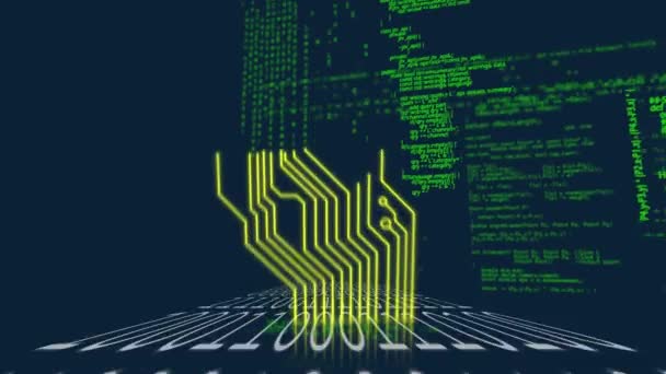 Microprocessorverbindingen Gegevensverwerking Tegen Binaire Codering Blauwe Achtergrond Computerinterface Cyberbeveiligingstechnologie — Stockvideo
