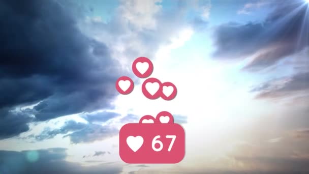 Heart Icon Increasing Numbers Clouds Blue Sky Social Media Networking — Stock Video
