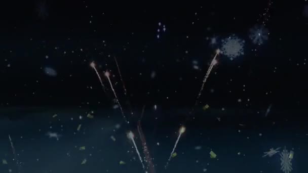 Animazione Fiocchi Neve Fuochi Artificio Che Esplodono Confetti Che Cadono — Video Stock