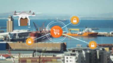 Paketli dağıtım dronu üzerindeki simgelerle bağlantı ağının canlandırılması. 