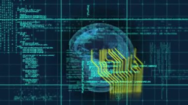 Mavi zemin üzerinde dönen dünya ve veri işleme üzerinde mikroişlemci bağlantıları. küresel ağ ve bilgisayar arayüzü teknolojisi kavramı