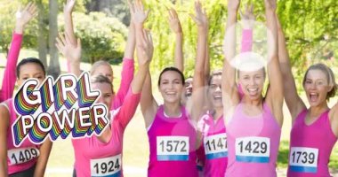 Bir grup gülümseyen kadın üzerinde çeşitli kız gücü metinlerinin animasyonu. Göğüs kanseri pozitif farkındalık kampanyası konsepti dijital olarak üretildi.