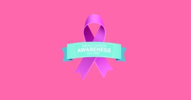 Pembe arka planda birden fazla pembe kurdele logosu ve göğüs kanseri metni görünüyor. Göğüs kanseri pozitif farkındalık kampanyası konsepti dijital olarak üretildi.