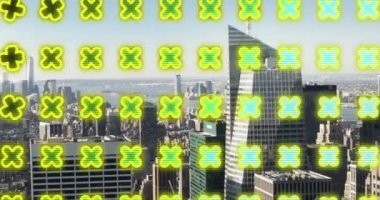 Şehir manzarasında X işaretlerinin canlandırması. Video oyunu, eğlence ve dijital arayüz kavramı dijital olarak oluşturuldu.