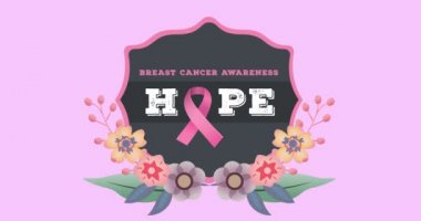 Animation of pink ribbon logo and breast cancer text with flowers on pink. breast cancer positive awareness campaign concept digitally generated video.