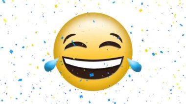 Beyaz arka planda gülen yüz emojisinin üzerine düşen konfetilerin dijital animasyonu. ifade ve iletişim kavramı