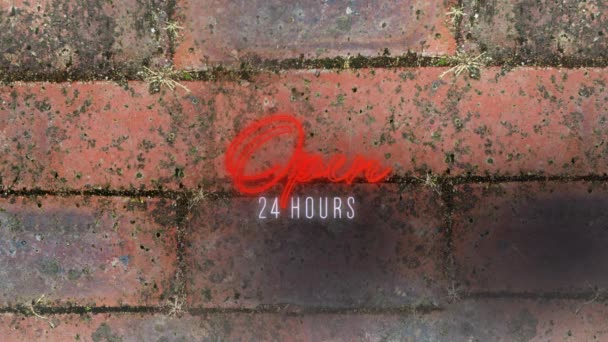 Neon Open Hours Text Brick Wall Background Neon Advertising Signboard — Stock Video