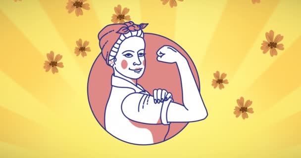 Animación Mujer Fuerte Sobre Flores Voladoras Poder Femenino Fuerza Femenina — Vídeo de stock