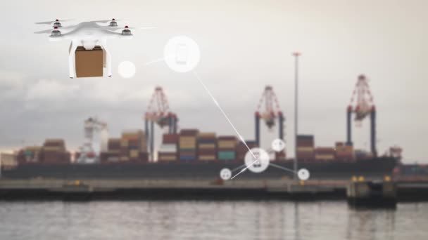 Animacja Sieci Połączeń Ikonami Nad Dronem Dostawczym Paczką Globalna Wysyłka — Wideo stockowe