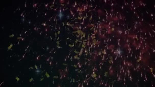 Animação Fogos Artifício Explodindo Confetes Caindo Véspera Ano Novo Festa — Vídeo de Stock