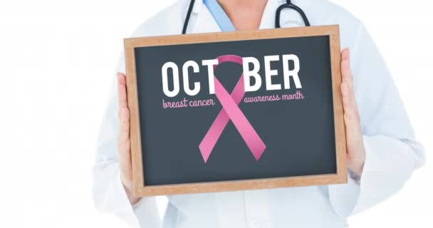 Animation Pink Ribbon Logo Breast Cancer Text Black Board Doctor — Stock Video