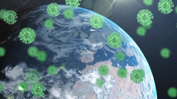 Animación Células Covid Flotando Sobre Globo Global Covid Concepto Pandémico — Vídeo de stock
