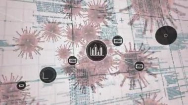 Pembe zemin üzerinde çoklu covid-19 hücreleri üzerinde dijital simgeler ve veri işleme ağı. Coronavirus covid-19 salgın konsepti