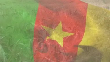 Tarladaki ekinlere karşı kamerun bayrağı sallamanın dijital bileşimi. ulusal tarım kavramı