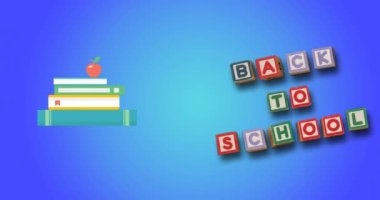 Mavi arkaplandaki okul ögeleri simgeleri üzerinden okula dönüş metninin canlandırması. okul, eğitim ve öğrenim konsepti dijital olarak oluşturulmuş video.