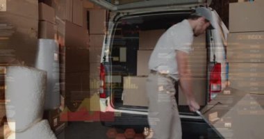 Teslimat kamyonunda kutu istiflemekte olan beyaz erkek teslimatçı hakkında istatistiksel veri işleme. lojistik ve ulaşım sektörü kavramı