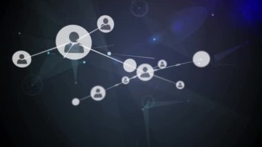 Siyah arkaplan üzerindeki simgelerle bağlantı ağlarının animasyonu. küresel bağlantılar, dijital arayüz, dijital olarak oluşturulan veri işleme konsepti.
