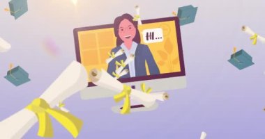Okul eşyalarının pembe arka planda hareket eden simgelerinin canlandırılması. okul, eğitim ve öğrenim konsepti dijital olarak oluşturulmuş video.