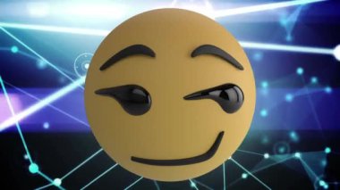 Birden fazla değişen yüz emojisinin dijital animasyonu mavi arkaplandaki bağlantı ağına karşı. Sosyal medya ağı ve teknoloji kavramı