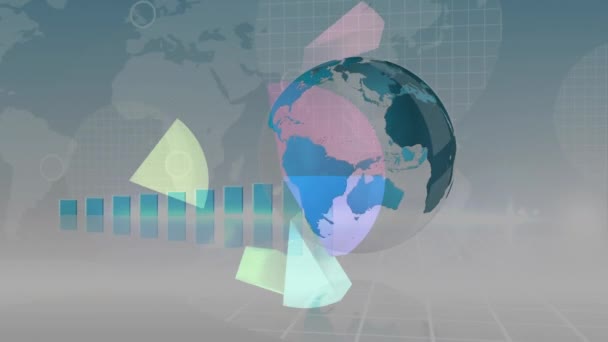 Animação Globo Estatísticas Processamento Dados Financeiros Sobre Mapa Mundo Conceito — Vídeo de Stock