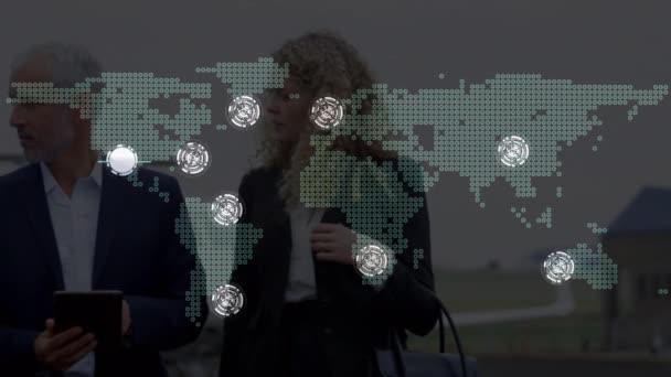 Connecting Dots World Map Caucasian Businesspeople Using Digital Tablet Airport — Stock Video