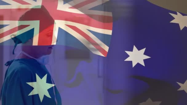 Digitale Samenstelling Van Australische Vlag Zwaaiend Tegen Gestresste Blanke Vrouwelijke — Stockvideo