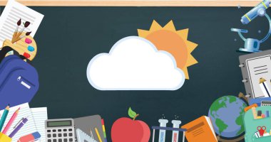 Bulut ve güneş ikonunun dijital görüntüsü ve çoklu okul konsepti simgeleri 