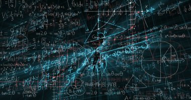 Matematiksel denklemlerin siyah arkaplan üzerindeki görüntüsü. Okul kavramına geri dönüş dijital olarak oluşturulan imaj.