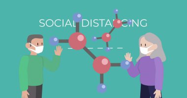 Moleküler yapı ikonu ve sosyal uzaklık metninin yüz maskeleri takan erkek ve kadın ikonu üzerindeki dijital görüntüsü yeşil arkaplana karşı sosyal mesafeyi koruyor. Coronavirüs salgını konsepti