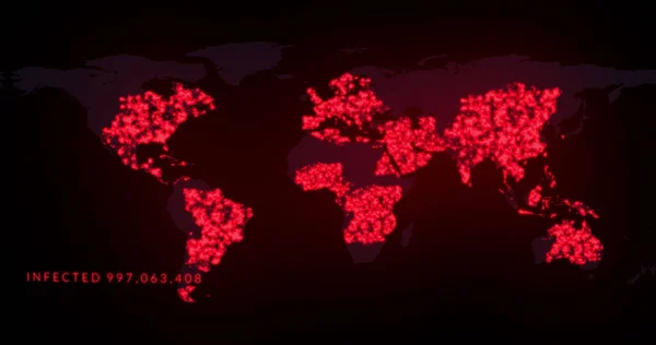 在红色和红色世界地图上迅速增长的数字感染了这个词的图像 显示越来越多的Covid 19珊瑚感染在黑色背景下传播 公共健康大流行病大肠癌爆发概念 — 图库照片