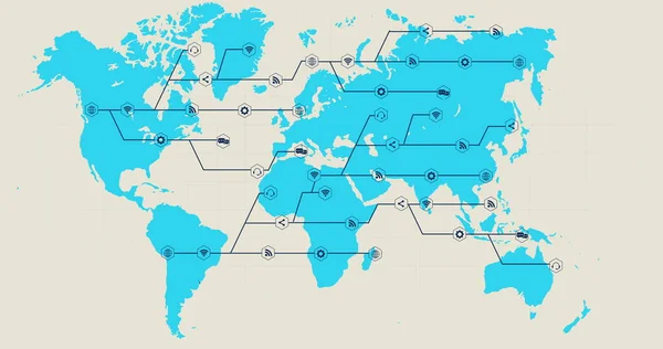 Mapa Del Mundo Azul Con Creciente Red Negra Iconos Conectados — Foto de Stock