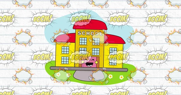 背景に白線紙に対するスピーチバブル上の複数のブームテキスト上の学校の建物のアイコンのデジタル画像 — ストック写真
