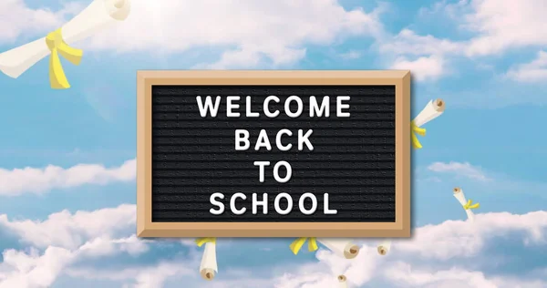 Image Board Text Welcome Back School Diplomas Clouds Background Education — Stock Photo, Image