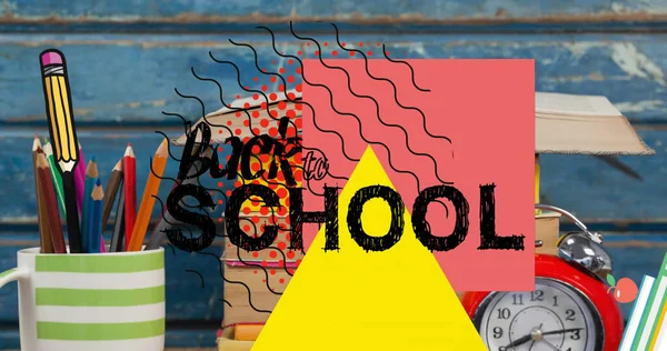 Afbeelding Van Terug Naar School Tekst Schoolspullen School Onderwijs Studieconcept — Stockfoto