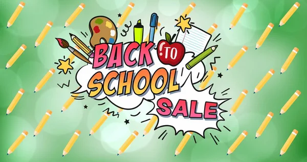 Image Back School Sale Text School Items Icons Green Background — Stock Photo, Image