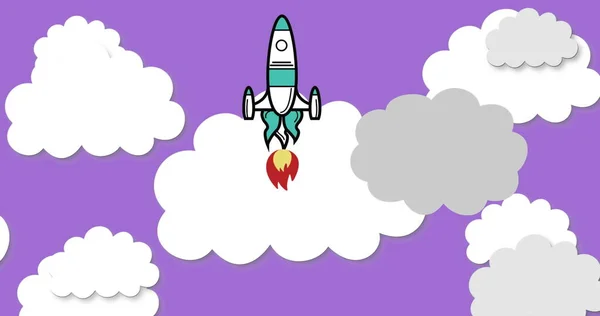 紫色の背景に複数のクラウドアイコン上を飛行ロケットアイコンのデジタル画像 学校の概念 — ストック写真