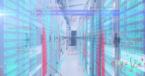 Immagine Equazioni Matematiche Manoscritte Interfaccia Digitale Rete Server Informatici Sala — Foto Stock