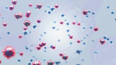 Gri arkaplanda yüzen çoklu mavi ve kırmızı covid-19 hücrelerinin dijital animasyonu. Coronavirus covid-19 salgın konsepti