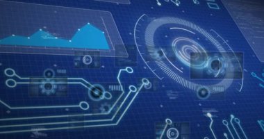 Arayüzdeki dijital simgelerin ve veri işlemenin animasyonu. dijital arayüz, iletişim ve teknoloji konsepti dijital olarak oluşturulmuş video.