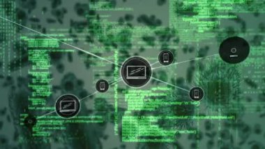 Yeşil zemin üzerinde çoklu covid-19 hücreleri üzerinde dijital simgeler ve veri işleme ağı. Coronavirus covid-19 salgın konsepti